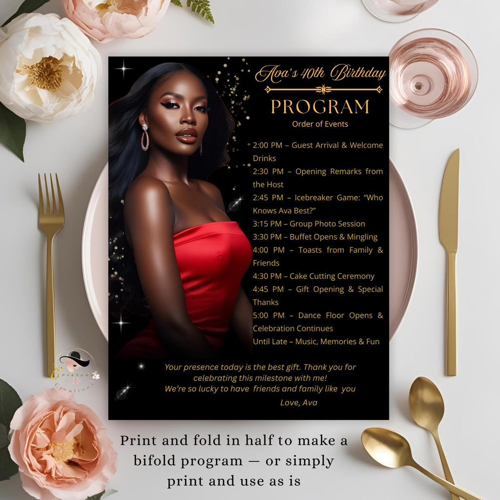 Black gold Program Template, Birthday Party program Bifold Formal event programme Elegant Retirement program schedule Digital Printable card
