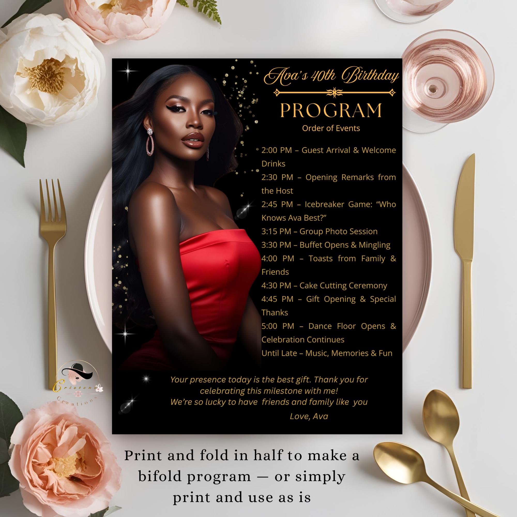 Black gold Program Template, Birthday Party program Bifold Formal event programme Elegant Retirement program schedule Digital Printable card