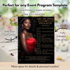 Black gold Program Template, Birthday Party program Bifold Formal event programme Elegant Retirement program schedule Digital Printable card