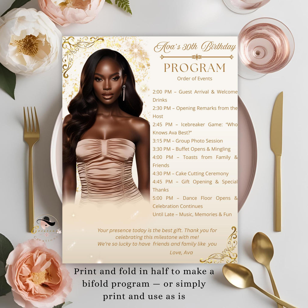 Birthday Party Program Template Bifold Event programme, Elegant Anniversary program card printable, White gold ceremony program with picture