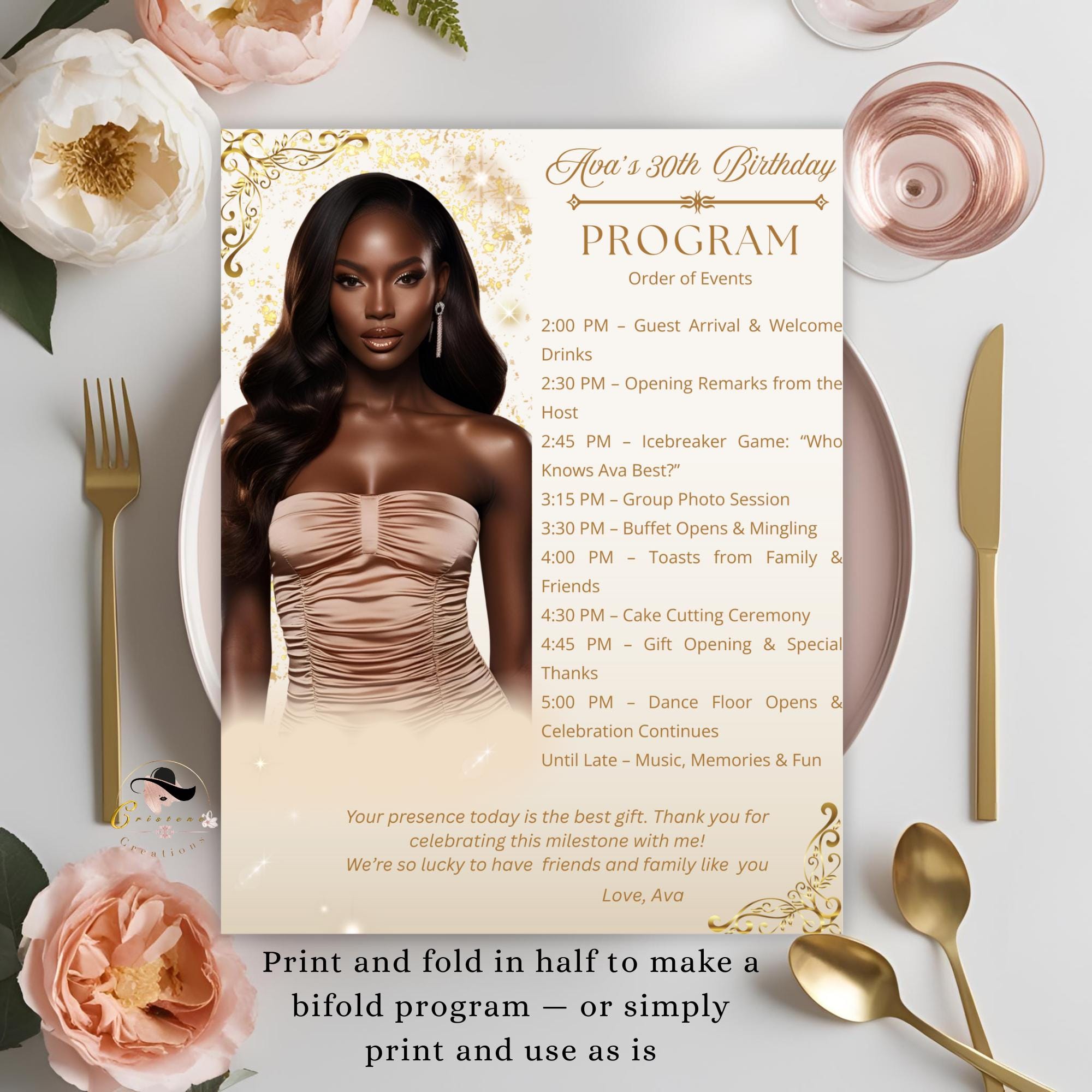 Birthday Party Program Template Bifold Event programme, Elegant Anniversary program card printable, White gold ceremony program with picture