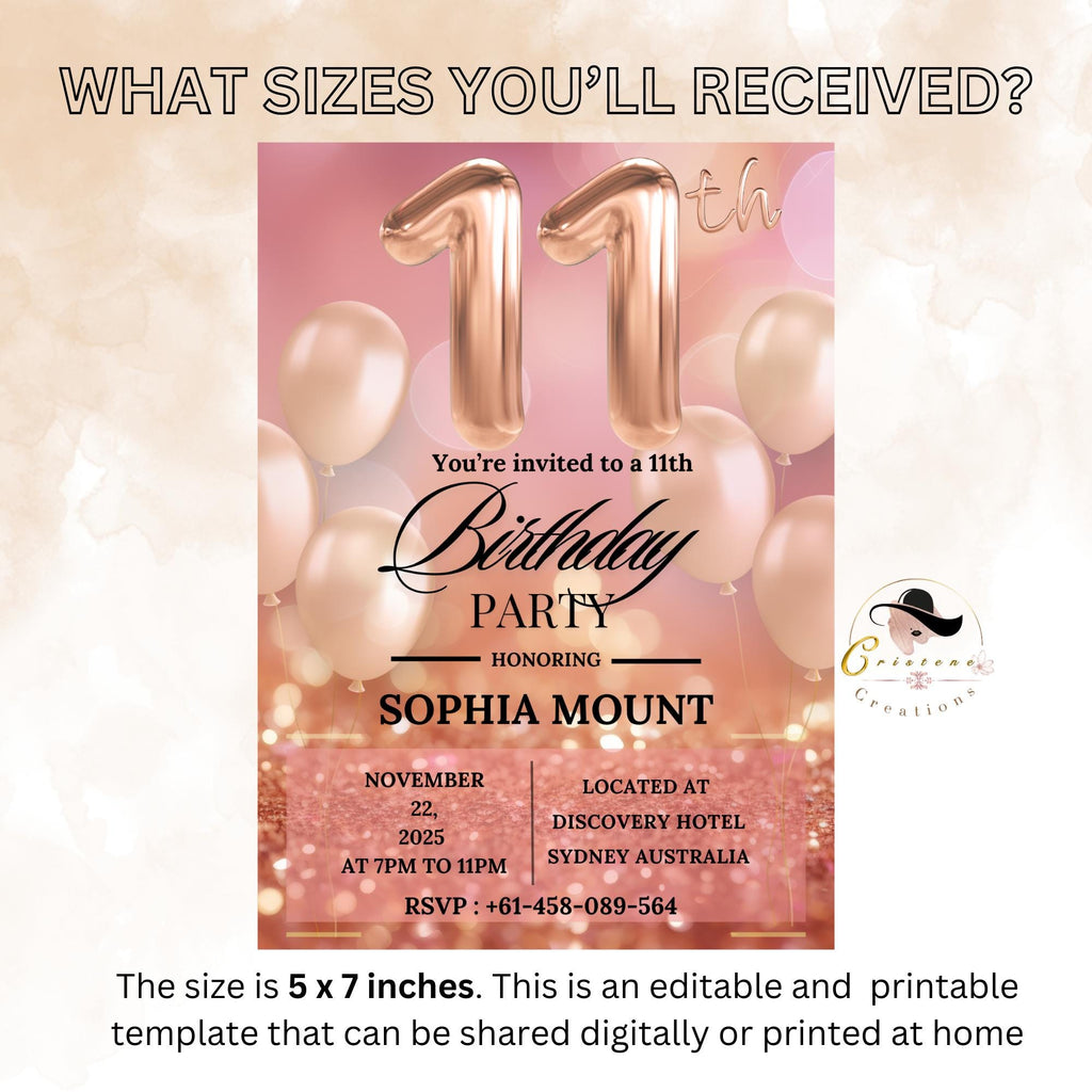 Digital 11th Birthday Invitation girl, Rose Gold 11th Birthday Dinner Party Invite, Pink Glitter Printable Card for Eleven year old daughter