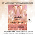 Digital 11th Birthday Invitation girl, Rose Gold 11th Birthday Dinner Party Invite, Pink Glitter Printable Card for Eleven year old daughter