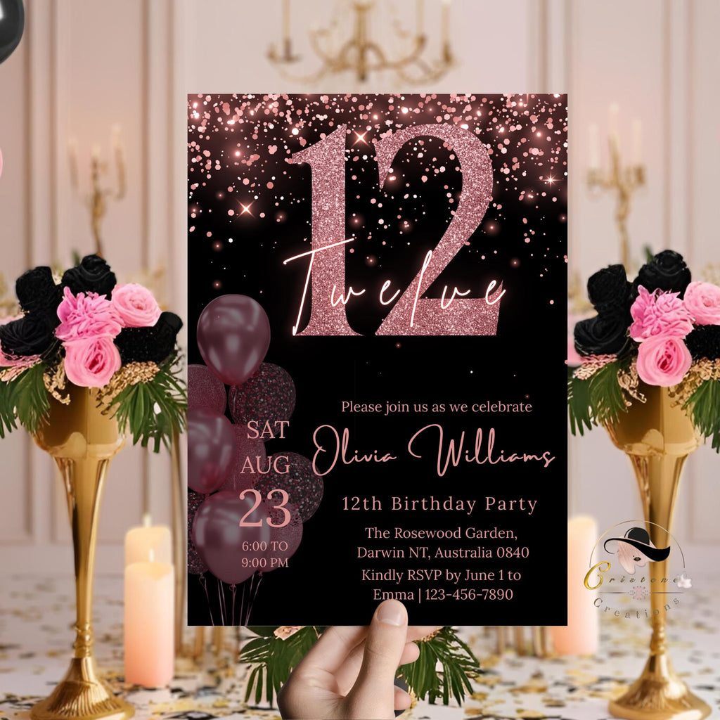 Pink & Black 12th Birthday Invitation, Pre-Teen Dinner Party (Digital Download)