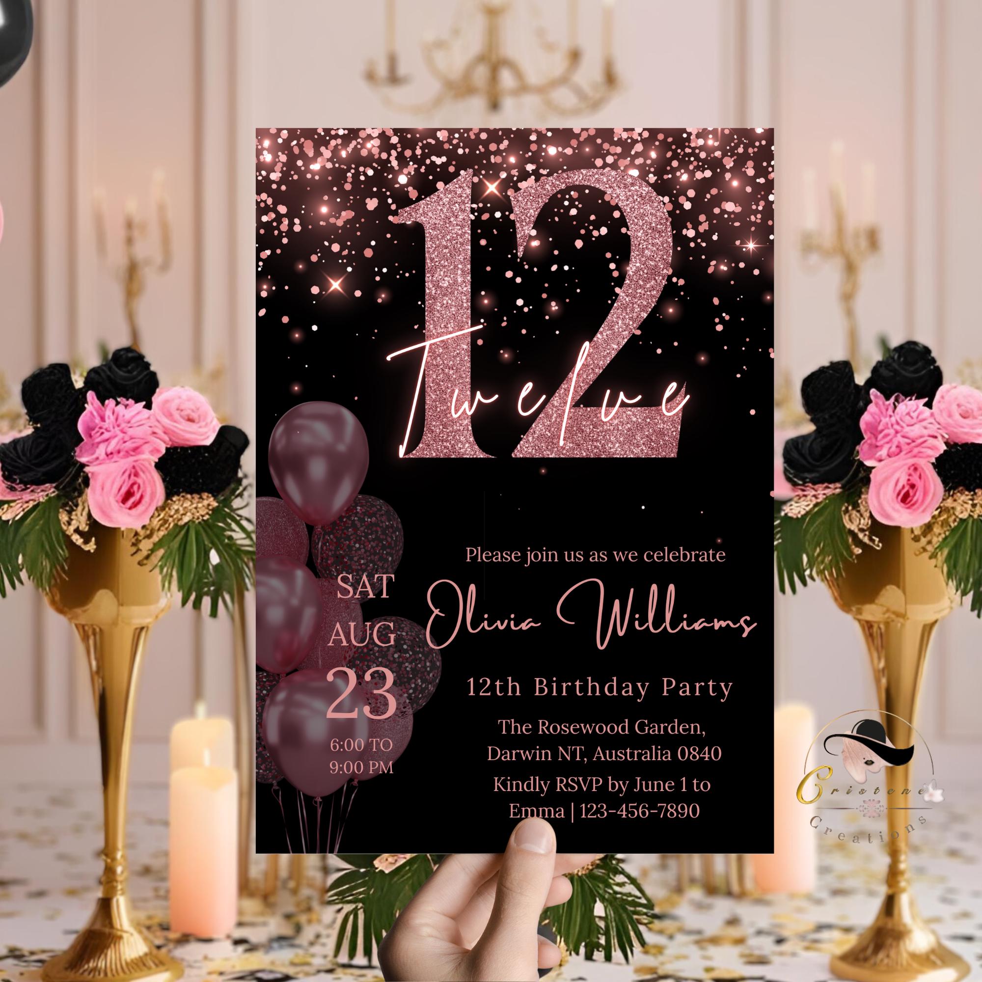 Pink & Black 12th Birthday Invitation, Pre-Teen Dinner Party (Digital Download)