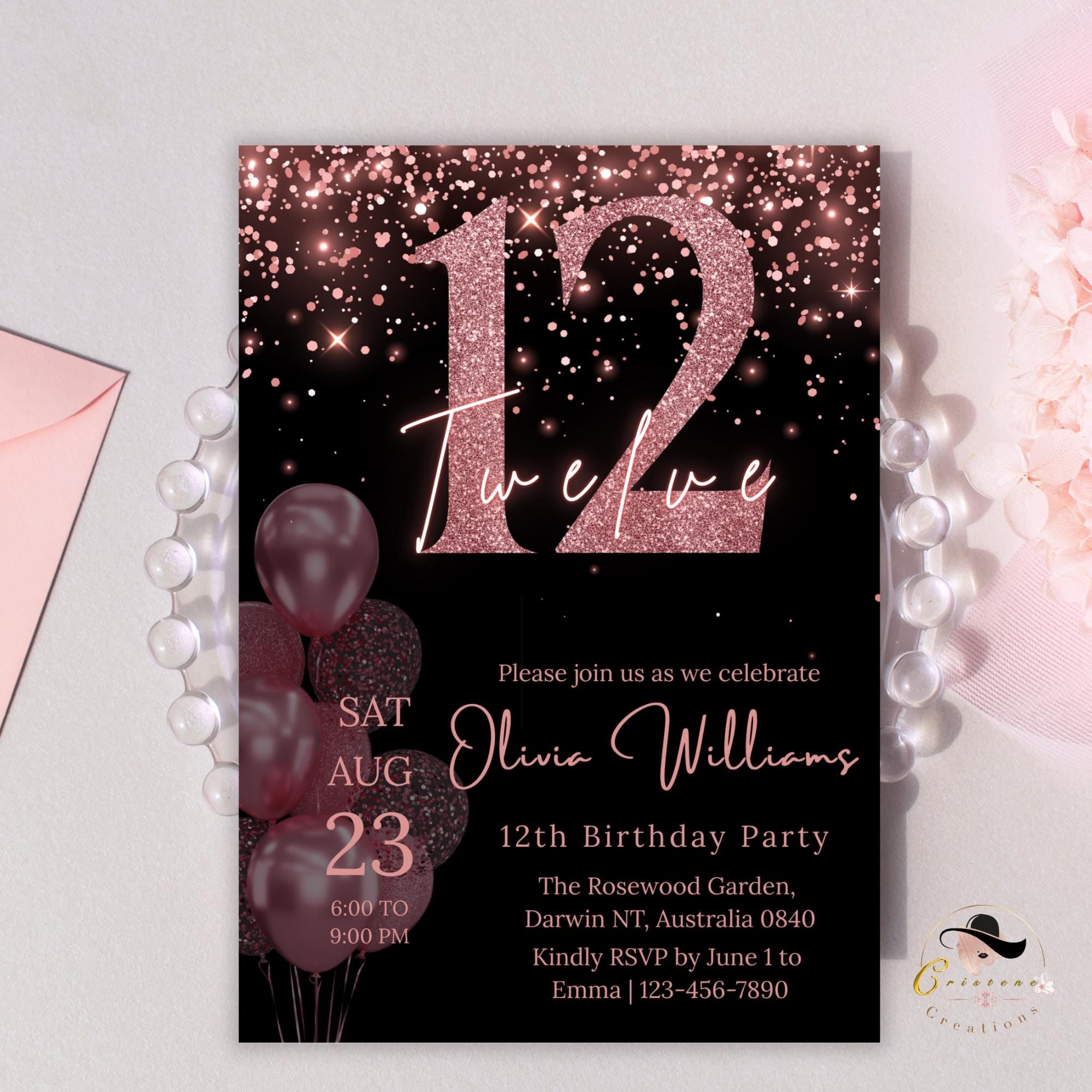 Pink & Black 12th Birthday Invitation, Pre-Teen Dinner Party (Digital Download)