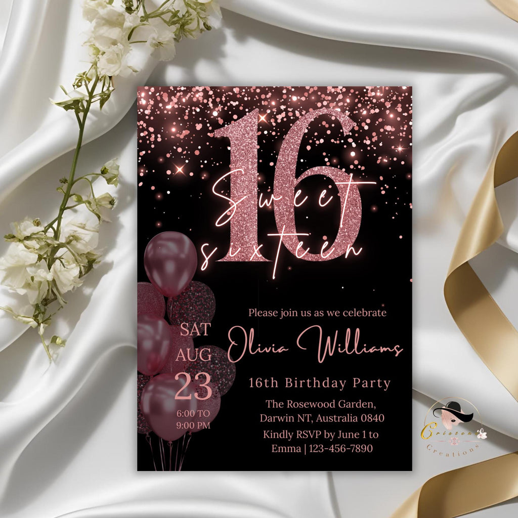 Sweet 16 Invitation Digital Template for girl, 16th Birthday Party Invite, Pink Black Sweet 16 Printable Card for sixteen year old daughter