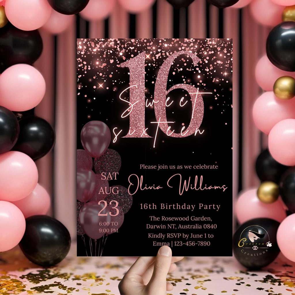 Sweet 16 Invitation Digital Template for girl, 16th Birthday Party Invite, Pink Black Sweet 16 Printable Card for sixteen year old daughter