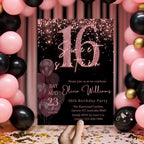 Sweet 16 Invitation Digital Template for girl, 16th Birthday Party Invite, Pink Black Sweet 16 Printable Card for sixteen year old daughter