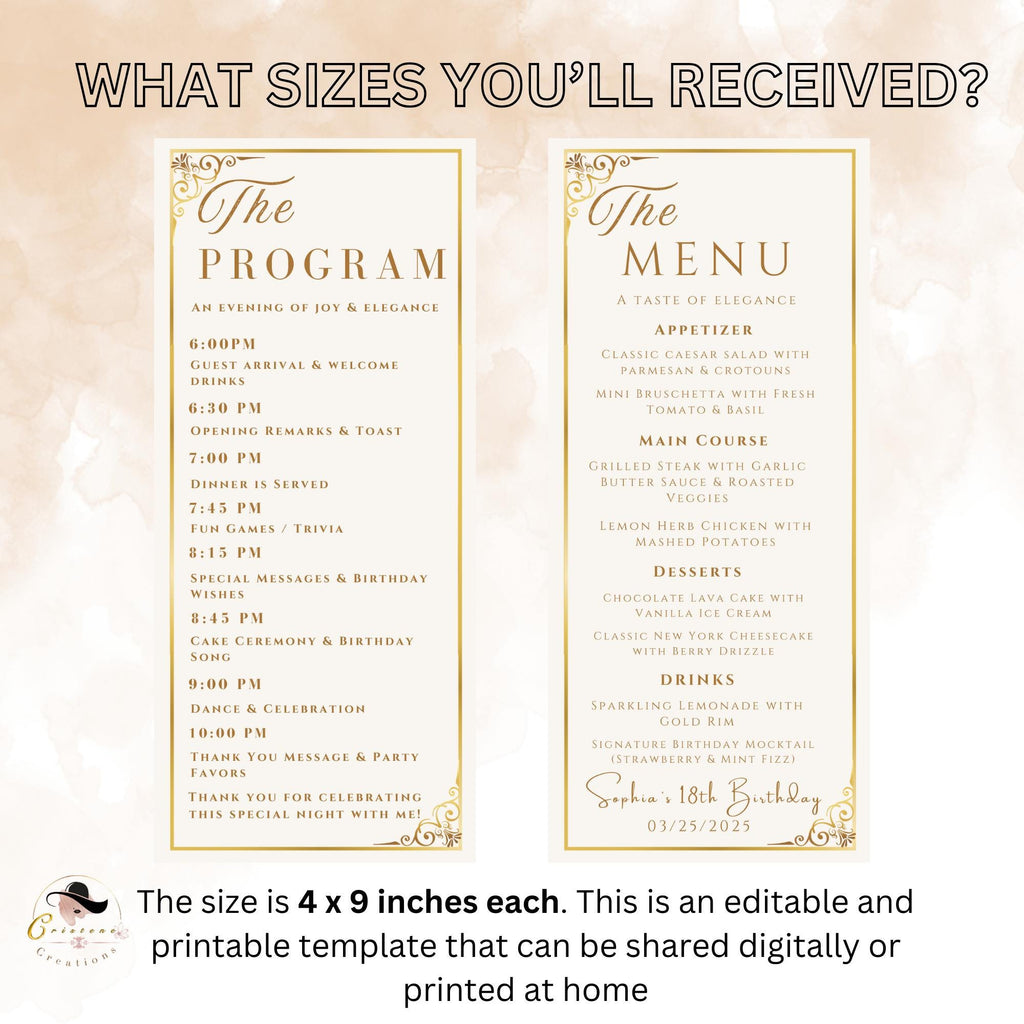 White Gold Menu and Program Template, Birthday Party Menu cards Digital, Event Programme template, Printable Graduation Dinner Menu Design