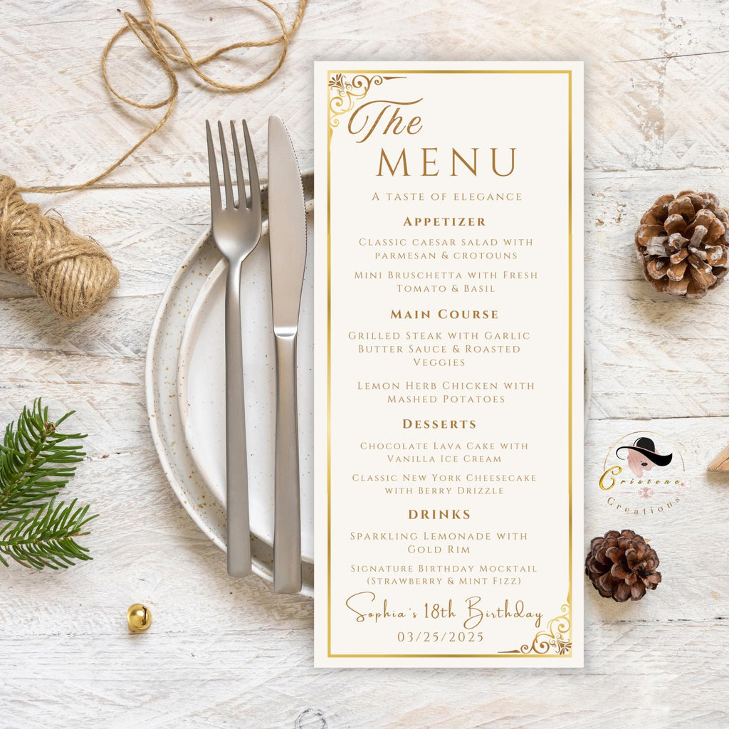 White Gold Menu and Program Template, Birthday Party Menu cards Digital, Event Programme template, Printable Graduation Dinner Menu Design