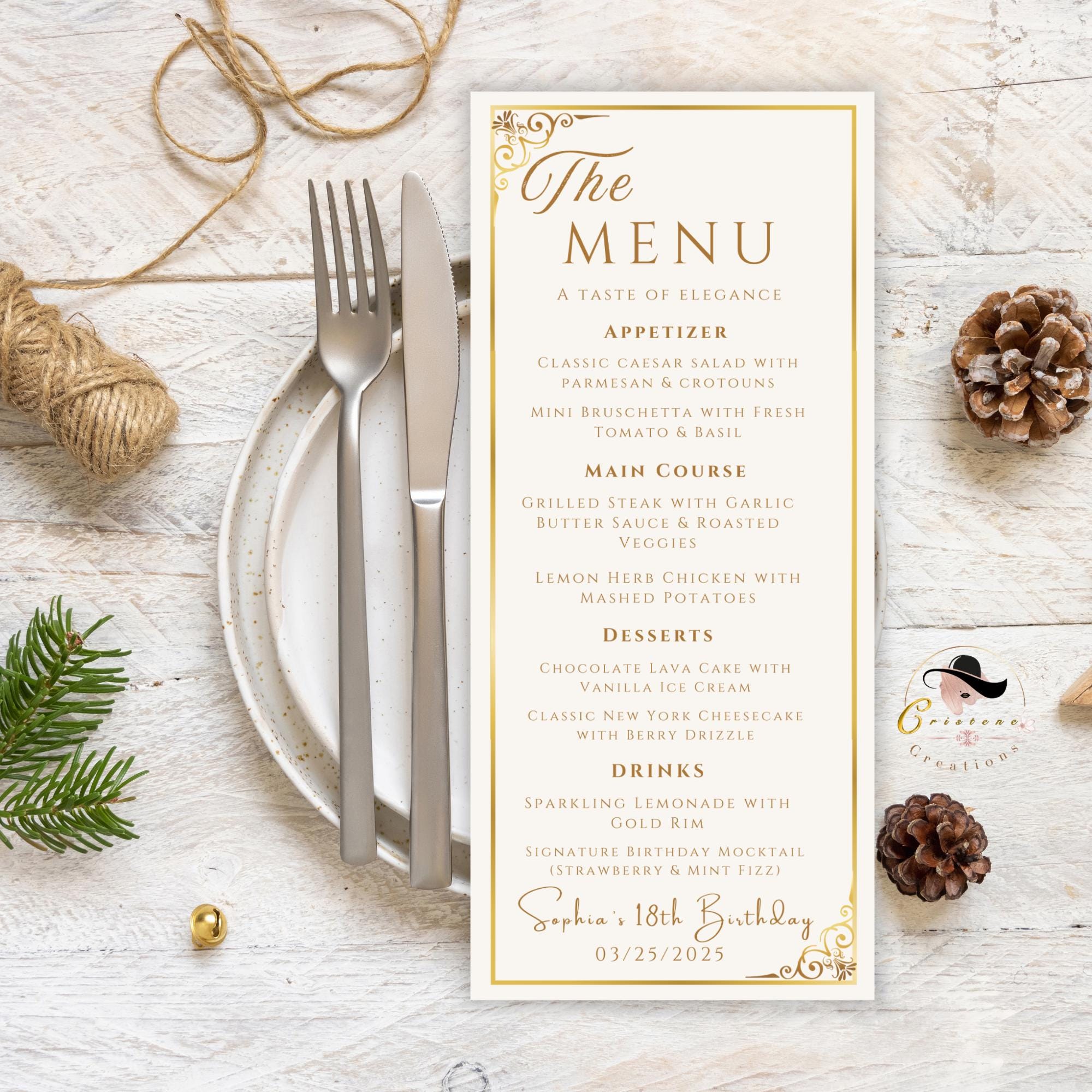 White Gold Menu and Program Template, Birthday Party Menu cards Digital, Event Programme template, Printable Graduation Dinner Menu Design