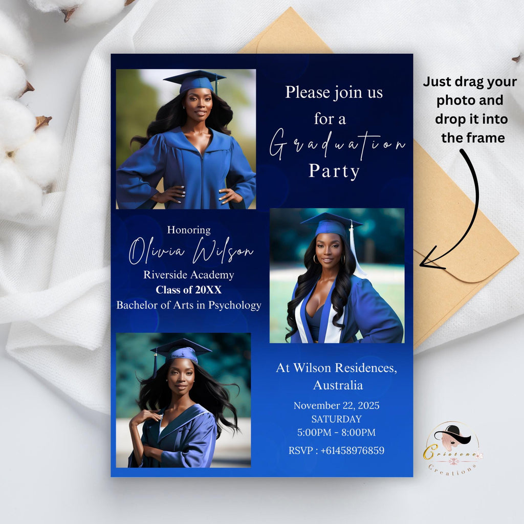 Digital Graduation Announcement Invitation Navy Blue 2026 Senior Graduate Party with photo invite, Editable College Graduation Day Template