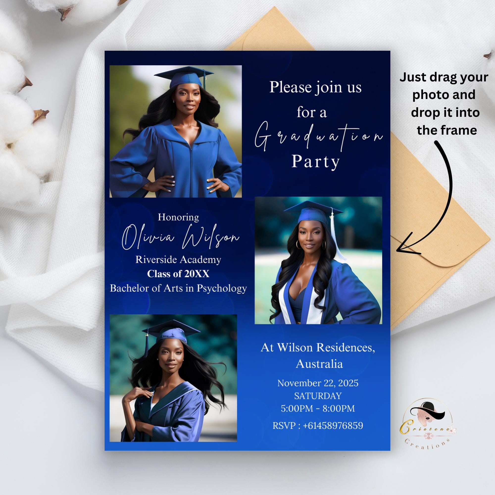 Digital Graduation Announcement Invitation Navy Blue 2026 Senior Graduate Party with photo invite, Editable College Graduation Day Template