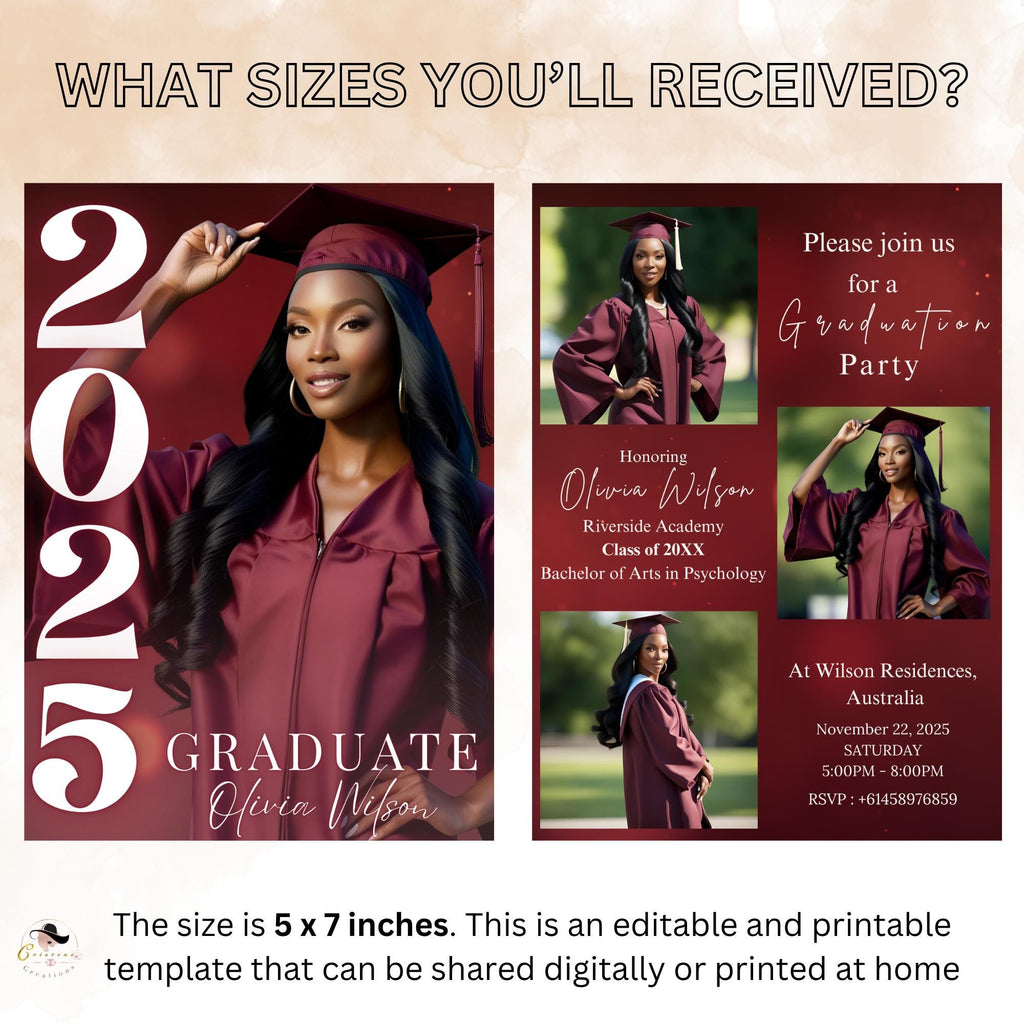 Digital College Graduation Announcement Invitation, Maroon Senior Grad Party Invite 2026, Female High School Graduation Editable Template