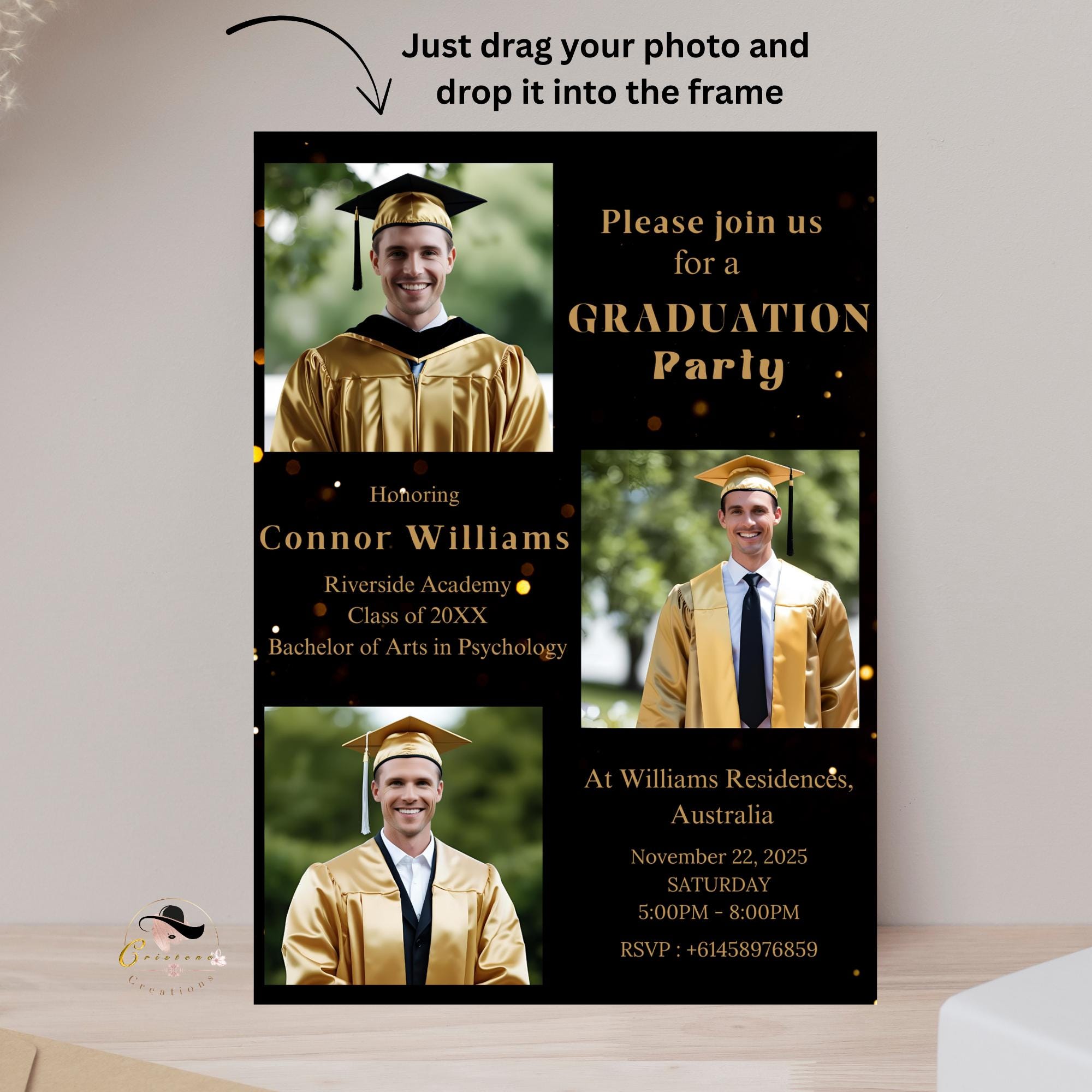 Digital Graduation Announcement Invitation Black Gold 2026 Senior Graduate Party with photo invite, Editable Men College Graduation Template