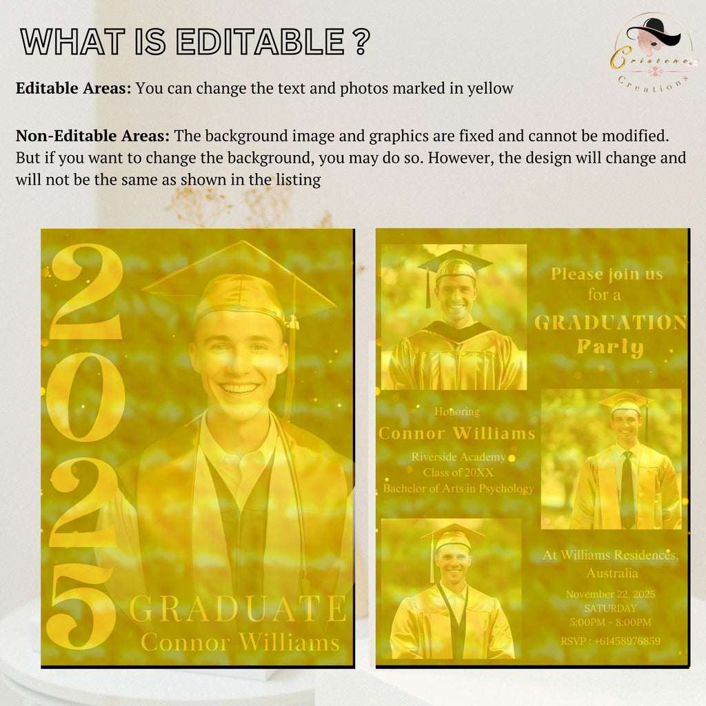 Digital Graduation Announcement Invitation Black Gold 2026 Senior Graduate Party with photo invite, Editable Men College Graduation Template