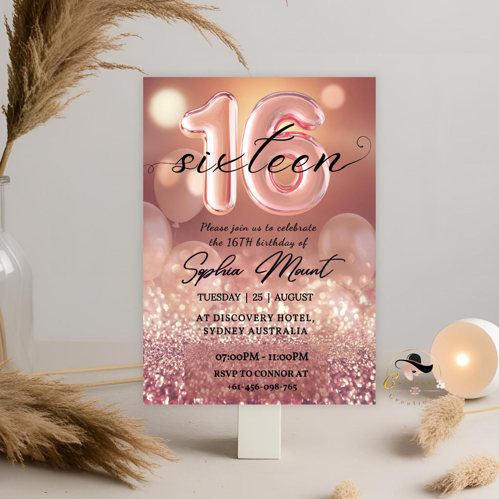 Rose gold 16th Birthday Invitation, Digital Sweet 16 birthday party invitation template for sixteen year old girl Pink Printable card Invite