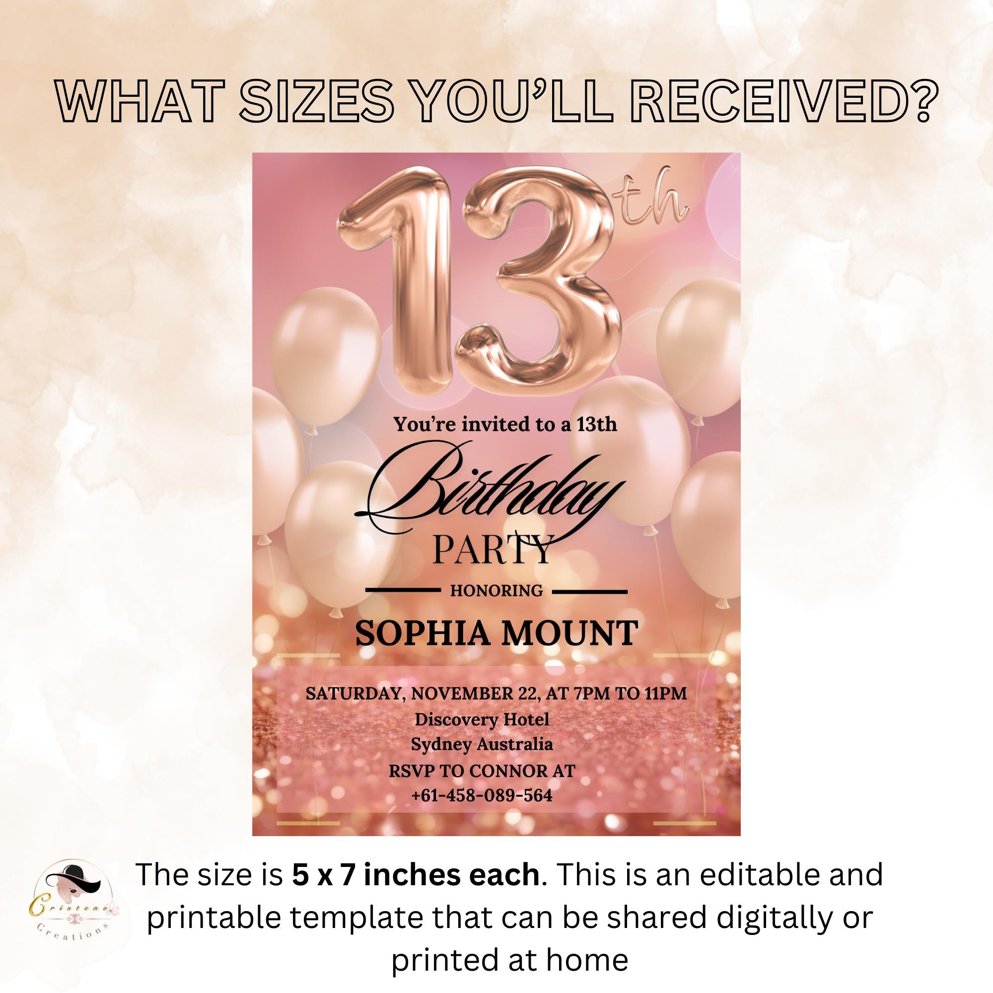 Rose Gold 13th Birthday Invitations for teen girl, Digital 13th Birthday Party Invite for Thirteen year old daughter, Pink Printable Card