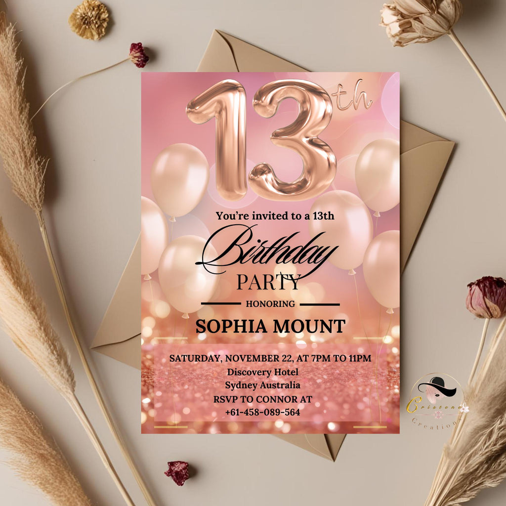 Rose Gold 13th Birthday Invitations for teen girl, Digital 13th Birthday Party Invite for Thirteen year old daughter, Pink Printable Card