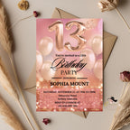 Rose Gold 13th Birthday Invitations for teen girl, Digital 13th Birthday Party Invite for Thirteen year old daughter, Pink Printable Card