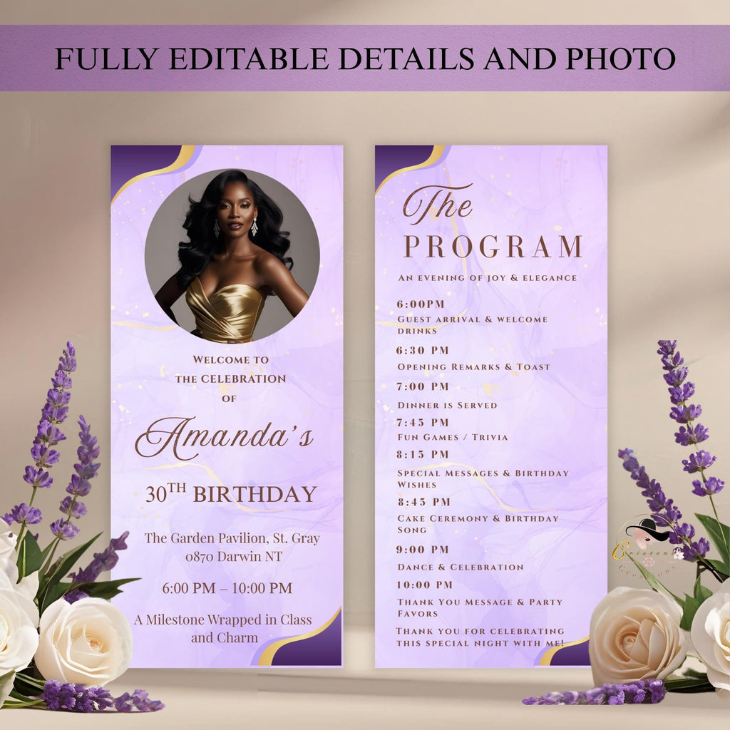 Editable Program card template, Purple Birthday party program, Formal event programme Retirement schedule program Printable card with photo