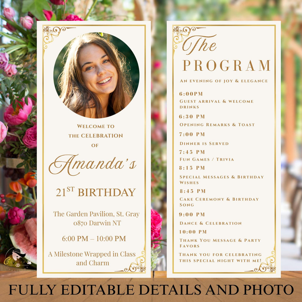 White gold Program card template Birthday dinner party program, Elegant Anniversary program Formal event programme printable card with photo