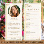 White gold Program card template Birthday dinner party program, Elegant Anniversary program Formal event programme printable card with photo