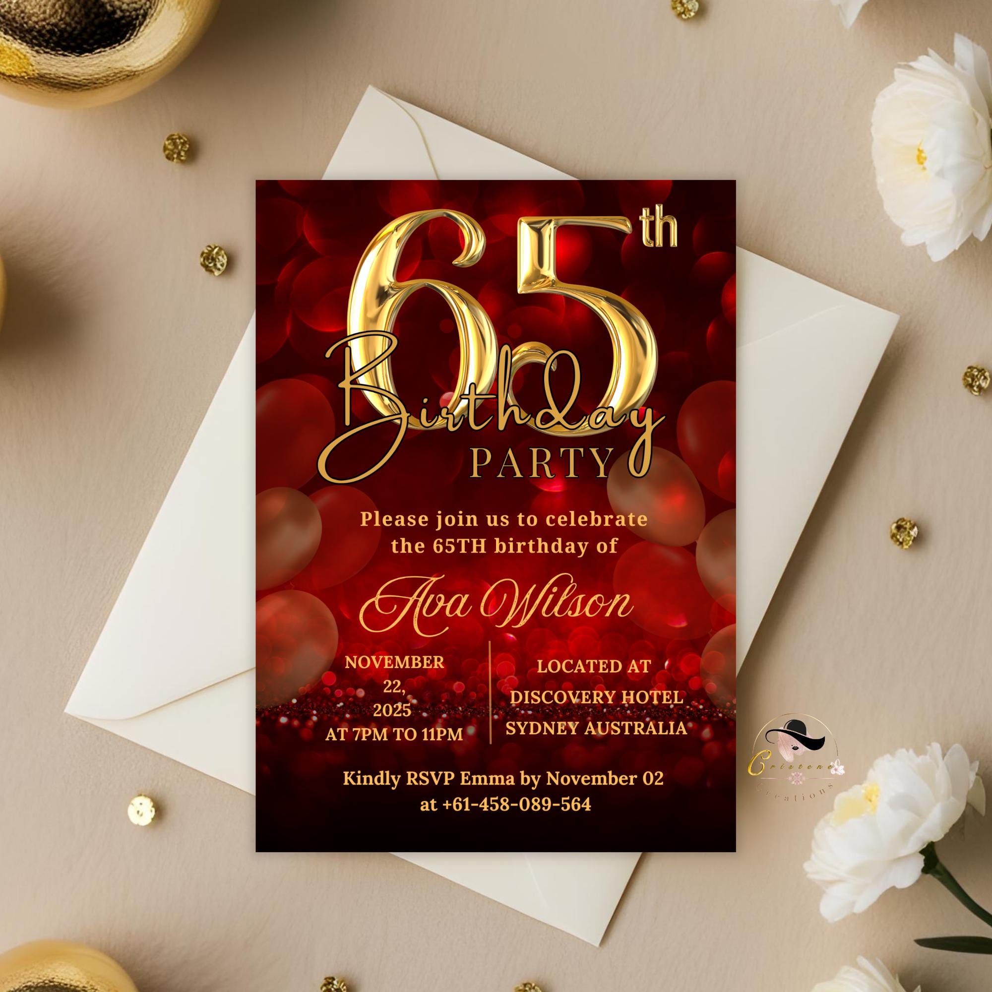 65th Birthday invitation women Digital 65th birthday party invite, Red gold 65th printable card Birthday dinner for wife, Editable template