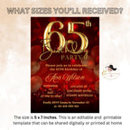65th Birthday invitation women Digital 65th birthday party invite, Red gold 65th printable card Birthday dinner for wife, Editable template