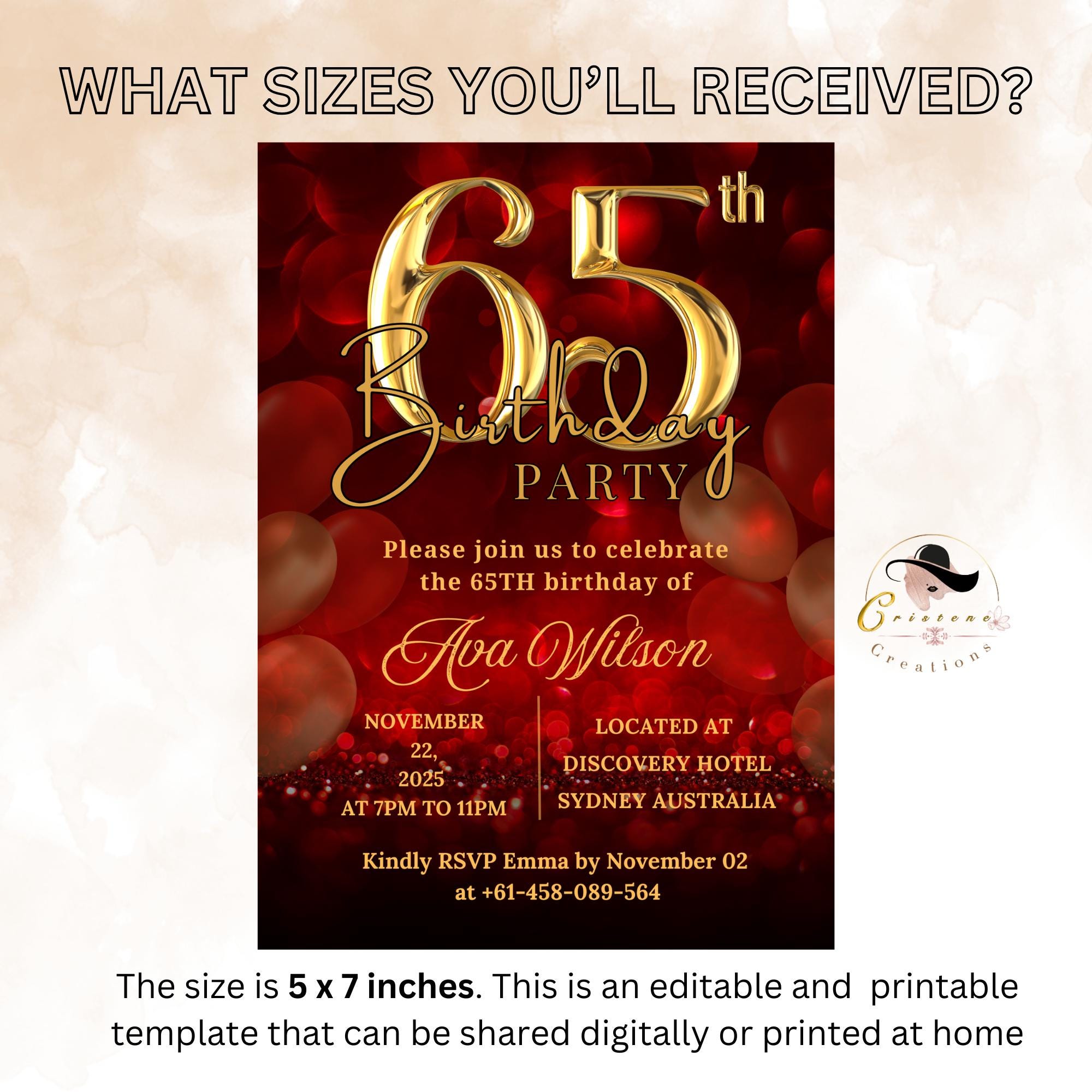65th Birthday invitation women Digital 65th birthday party invite, Red gold 65th printable card Birthday dinner for wife, Editable template