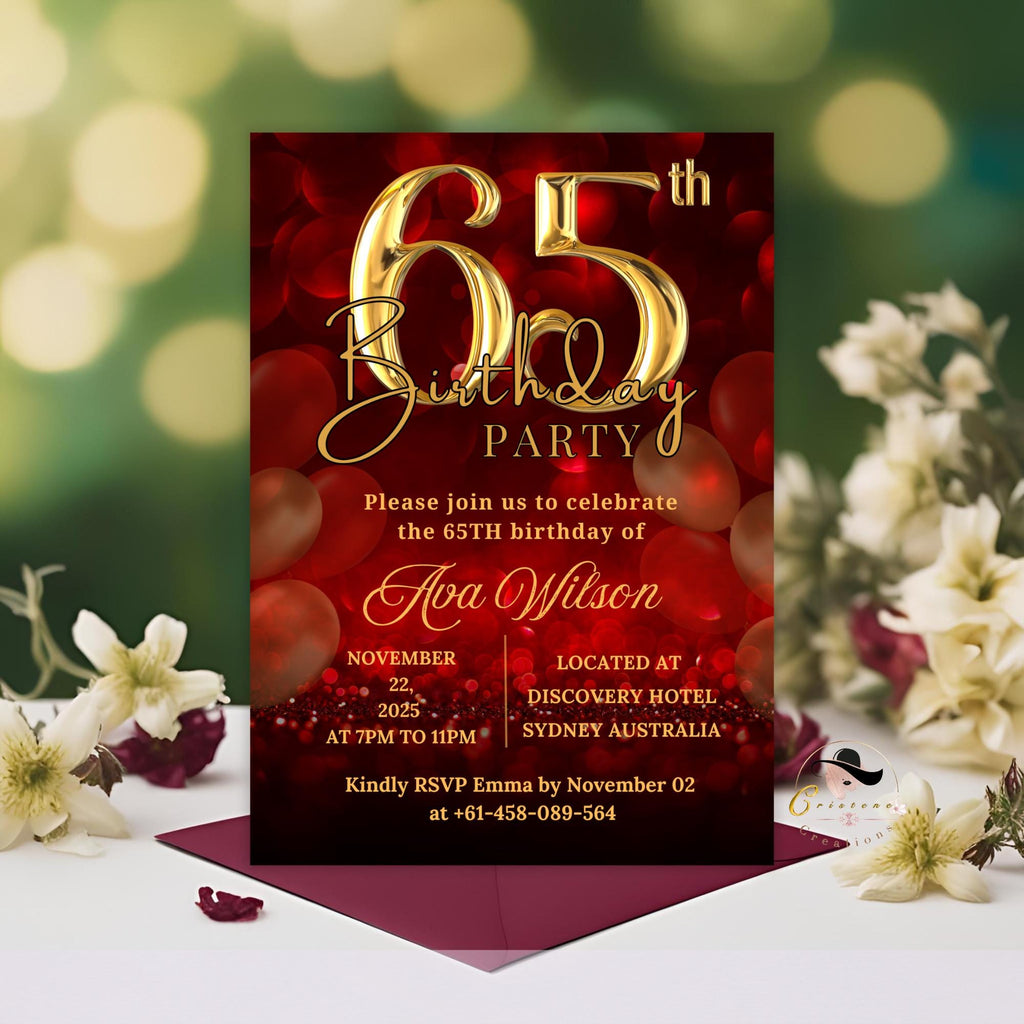65th Birthday invitation women Digital 65th birthday party invite, Red gold 65th printable card Birthday dinner for wife, Editable template