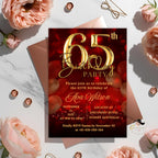 65th Birthday invitation women Digital 65th birthday party invite, Red gold 65th printable card Birthday dinner for wife, Editable template