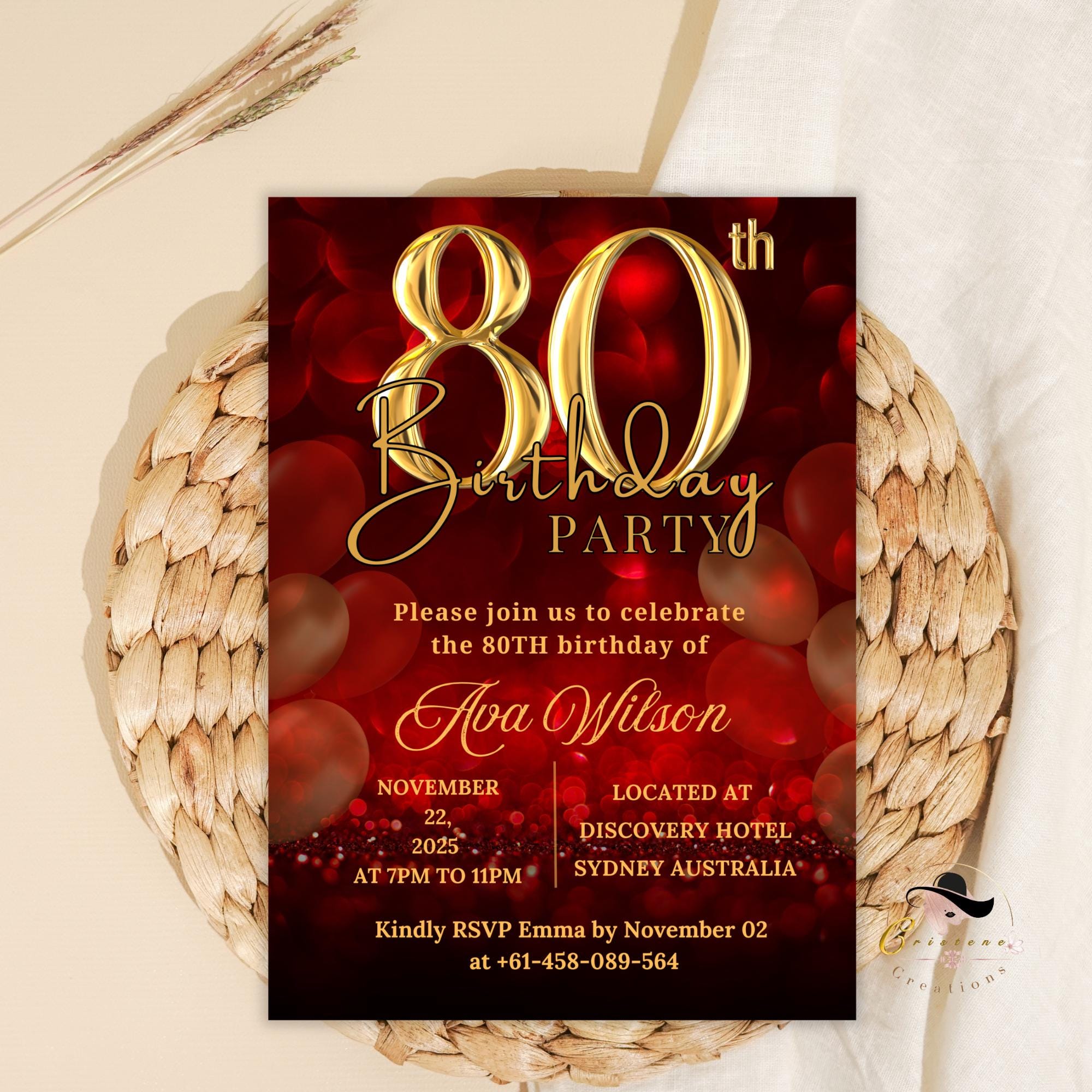 Digital 80th birthday invitation woman, 80 and fabulous, 80th birthday dinner invite for mum, Eighty birthday party printable card template