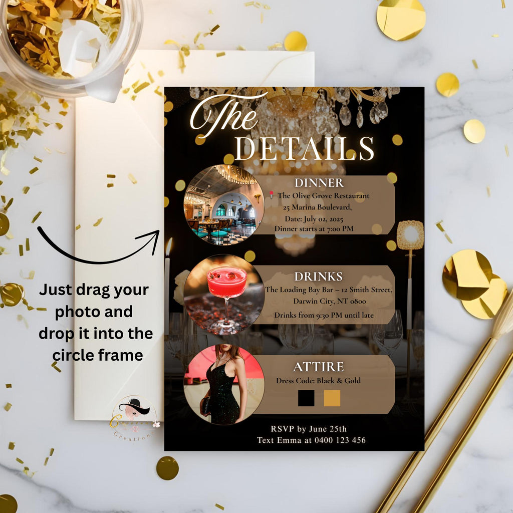 Digital Birthday Dinner Invitation for women, Black gold 30th Birthday Dinner Party Invite, Elegant Adult Birthday Dinner Printable cards