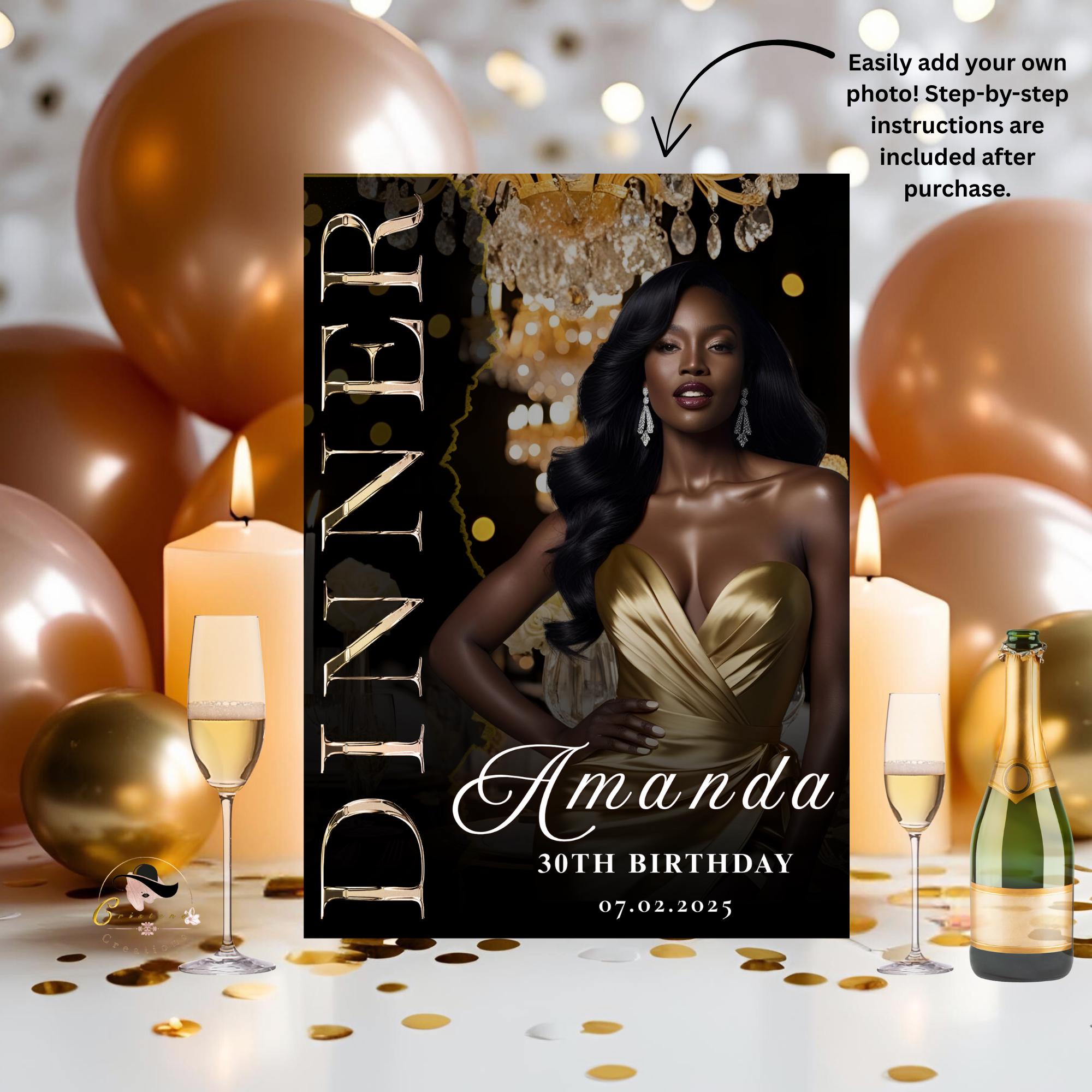 Digital Birthday Dinner Invitation for women, Black gold 30th Birthday Dinner Party Invite, Elegant Adult Birthday Dinner Printable cards
