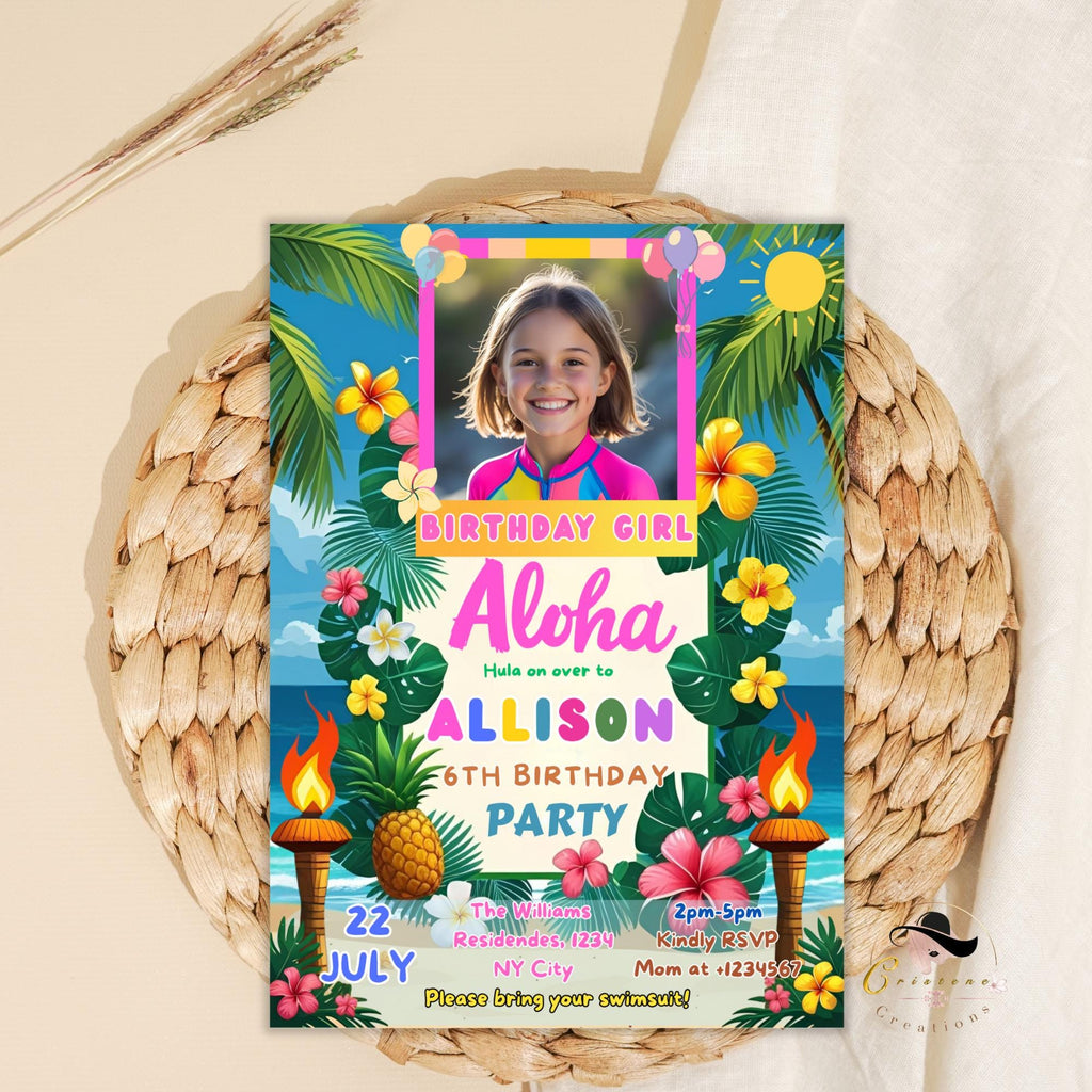 Aloha Beach Birthday invitation girl Digital Luau party with photo invite, Kids summer birthday card, Editable Tropical pool party template