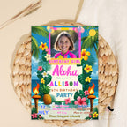 Aloha Beach Birthday invitation girl Digital Luau party with photo invite, Kids summer birthday card, Editable Tropical pool party template