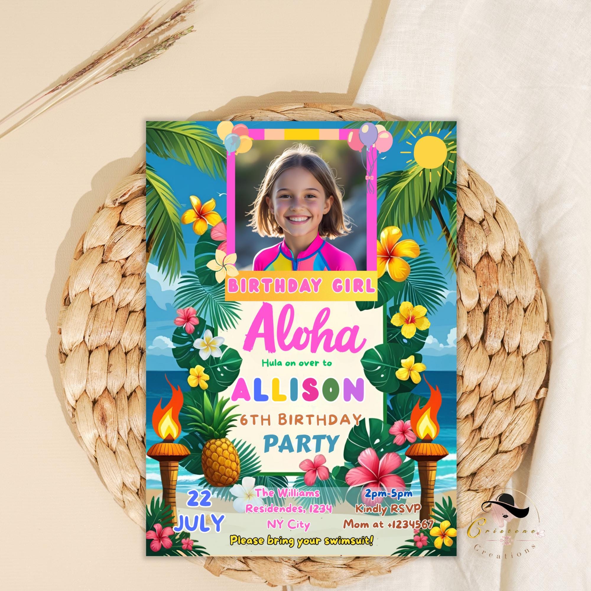 Aloha Beach Birthday invitation girl Digital Luau party with photo invite, Kids summer birthday card, Editable Tropical pool party template
