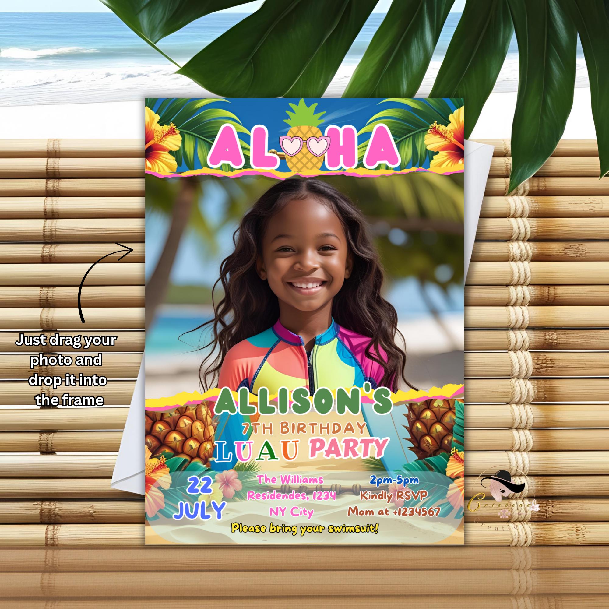 Aloha Luau birthday invitation with photo, Kids tropical party invite, Summer beach party 4th birthday, Digital Hawaiian Pool party for kids