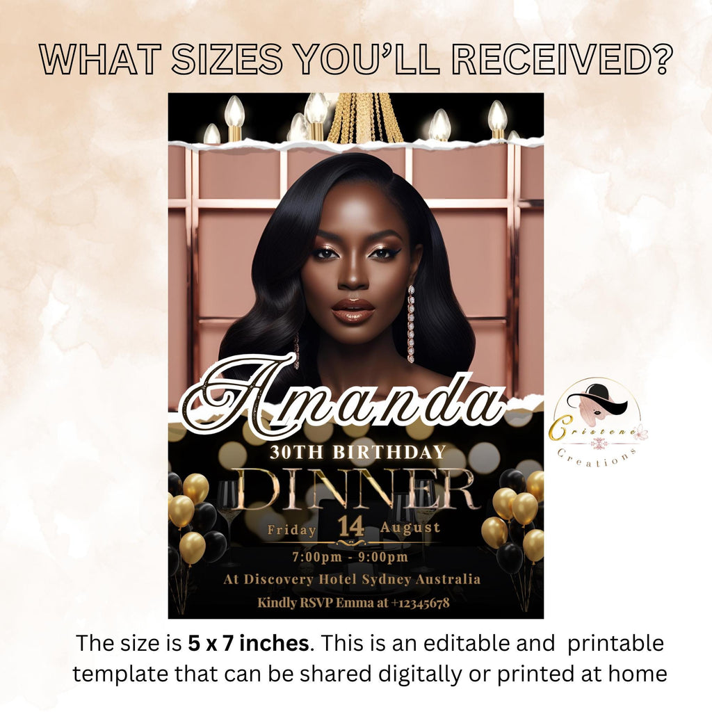 Birthday Dinner Digital Invitation for women, Black Gold 30th Birthday Card with photo invite, Custom Adult dinner party, Printable Template