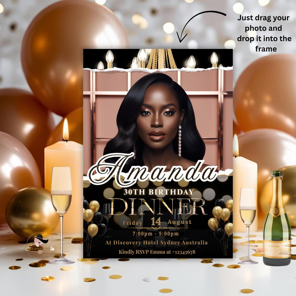 Birthday Dinner Digital Invitation for women, Black Gold 30th Birthday Card with photo invite, Custom Adult dinner party, Printable Template