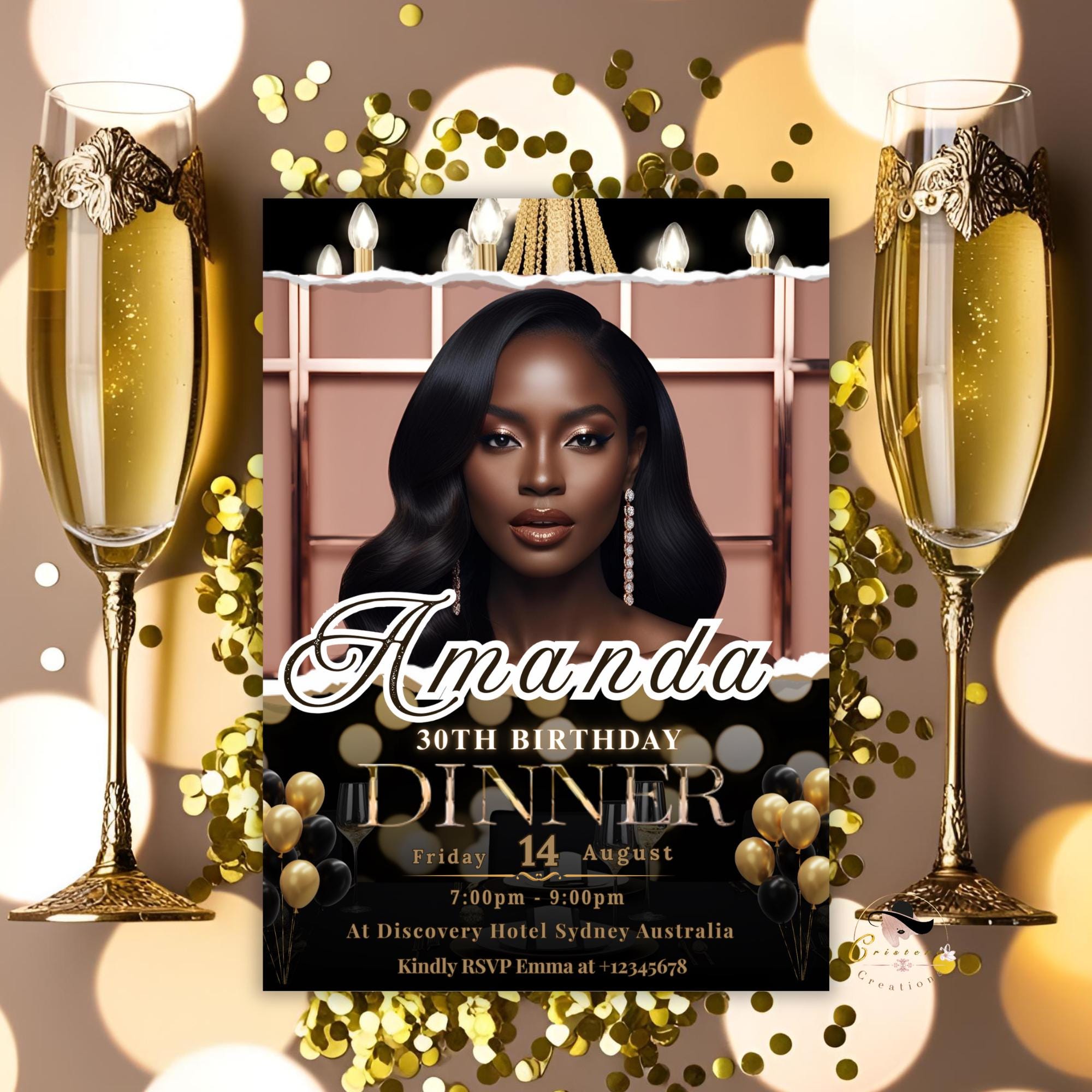 Birthday Dinner Digital Invitation for women, Black Gold 30th Birthday Card with photo invite, Custom Adult dinner party, Printable Template