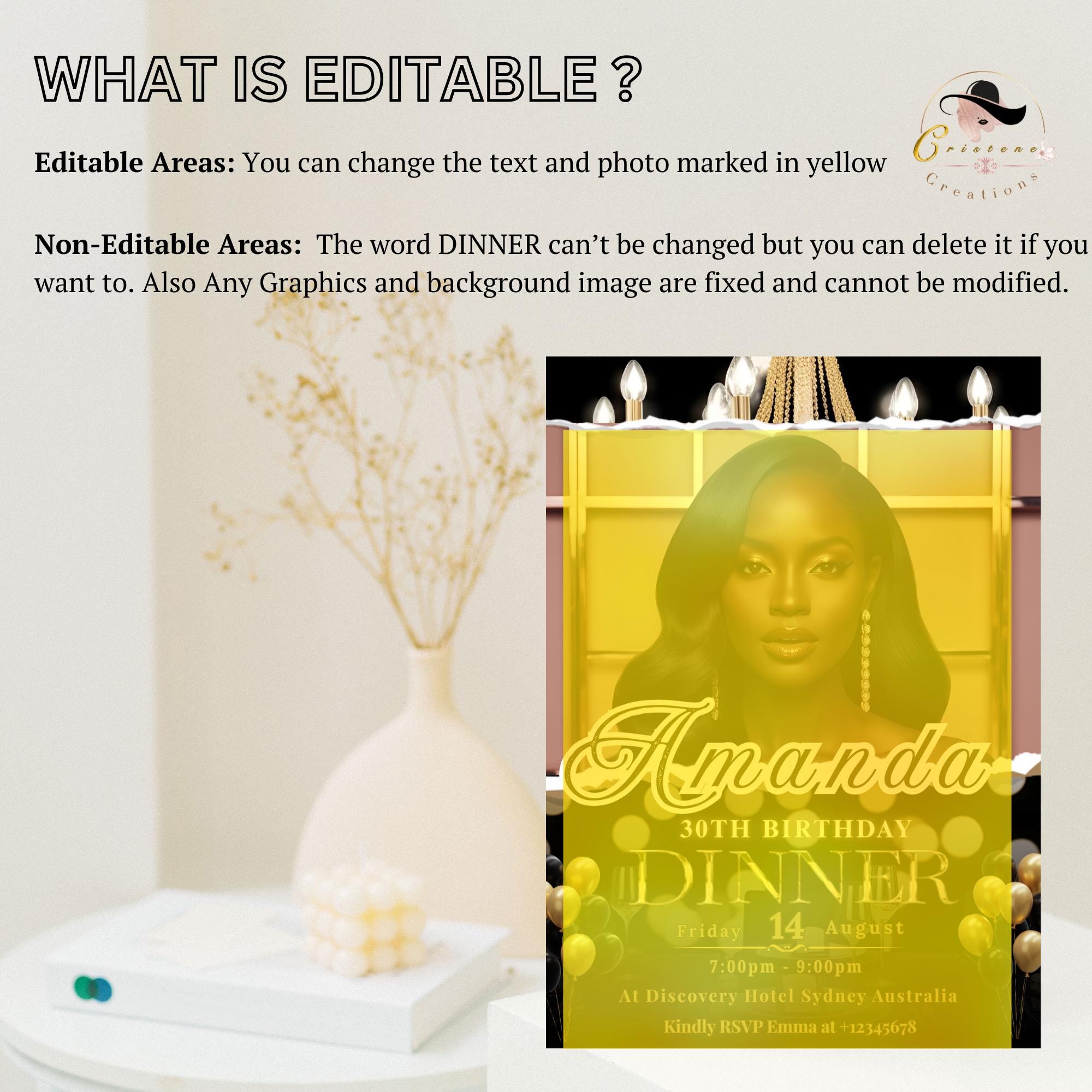 Birthday Dinner Digital Invitation for women, Black Gold 30th Birthday Card with photo invite, Custom Adult dinner party, Printable Template