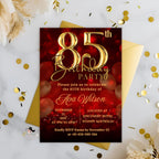 85th birthday invitation for woman Red gold 85th birthday party invite, 85 and fabulous, 85 years ago today template, Digital printable card