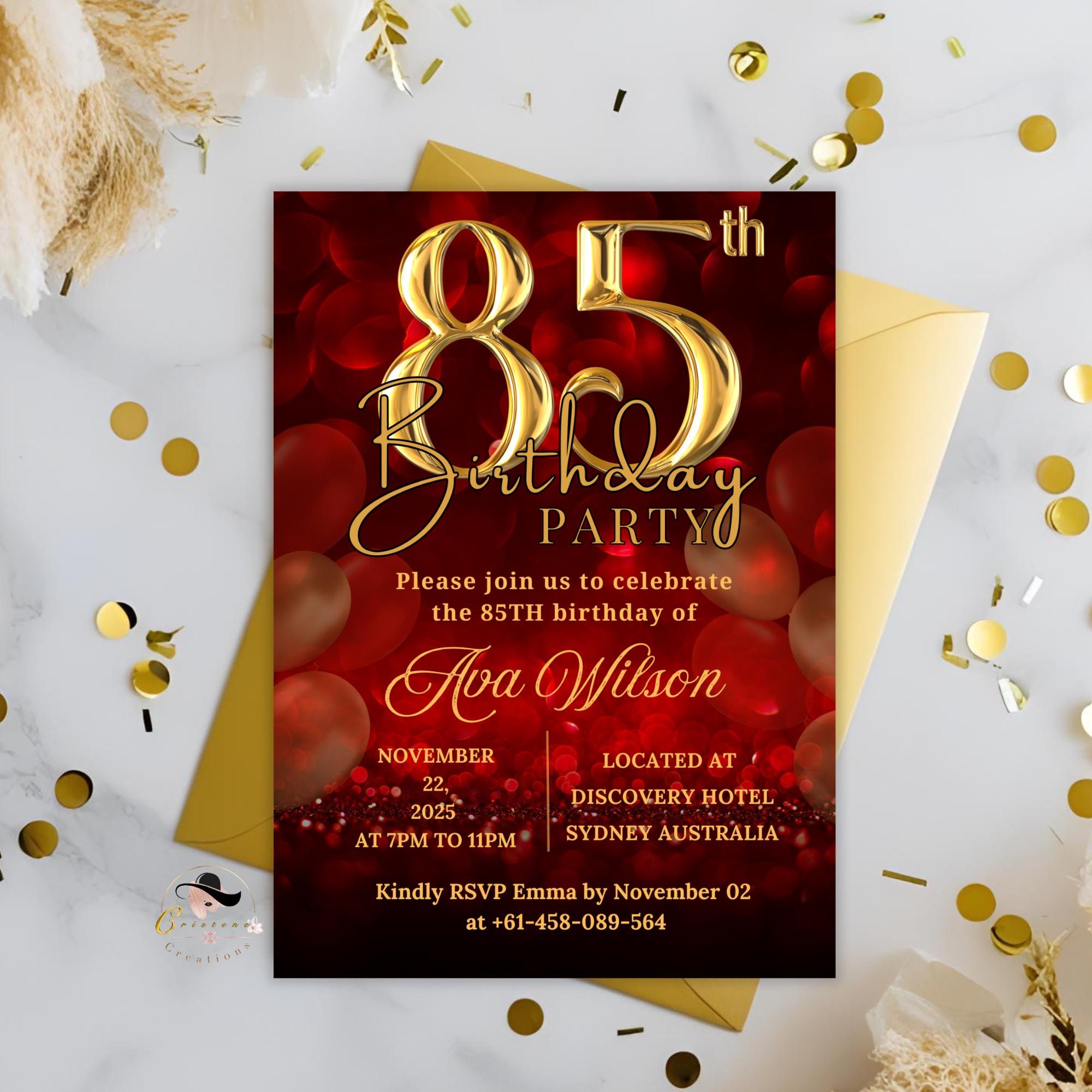 85th birthday invitation for woman Red gold 85th birthday party invite, 85 and fabulous, 85 years ago today template, Digital printable card