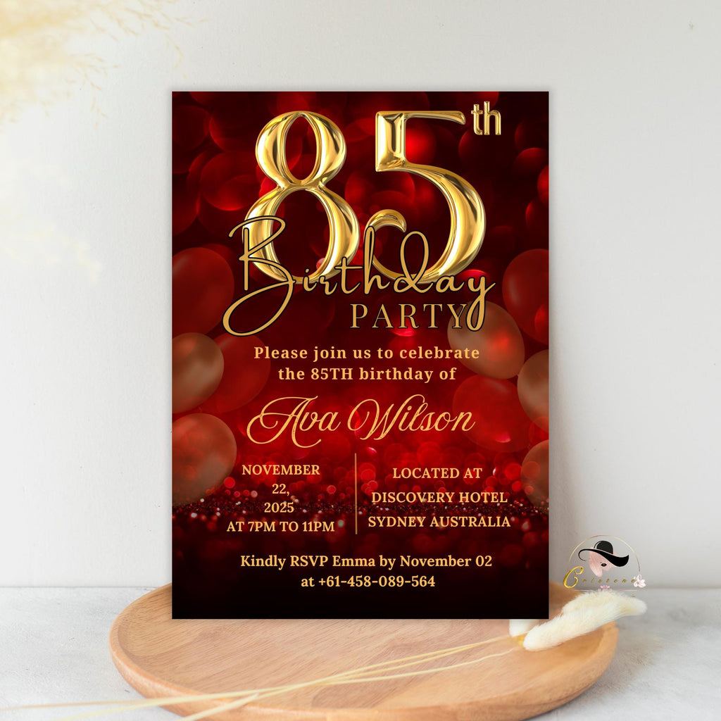 85th birthday invitation for woman Red gold 85th birthday party invite, 85 and fabulous, 85 years ago today template, Digital printable card