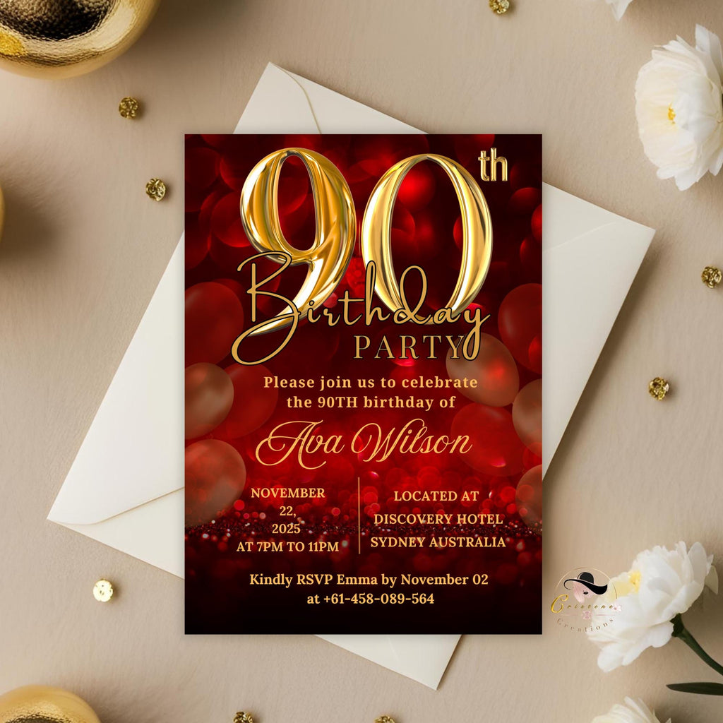 90th birthday invitation Red Gold 90th Birthday Dinner invite, 90 and Fabulous Party, Elegant Ninetieth Birthday Woman Printable Template