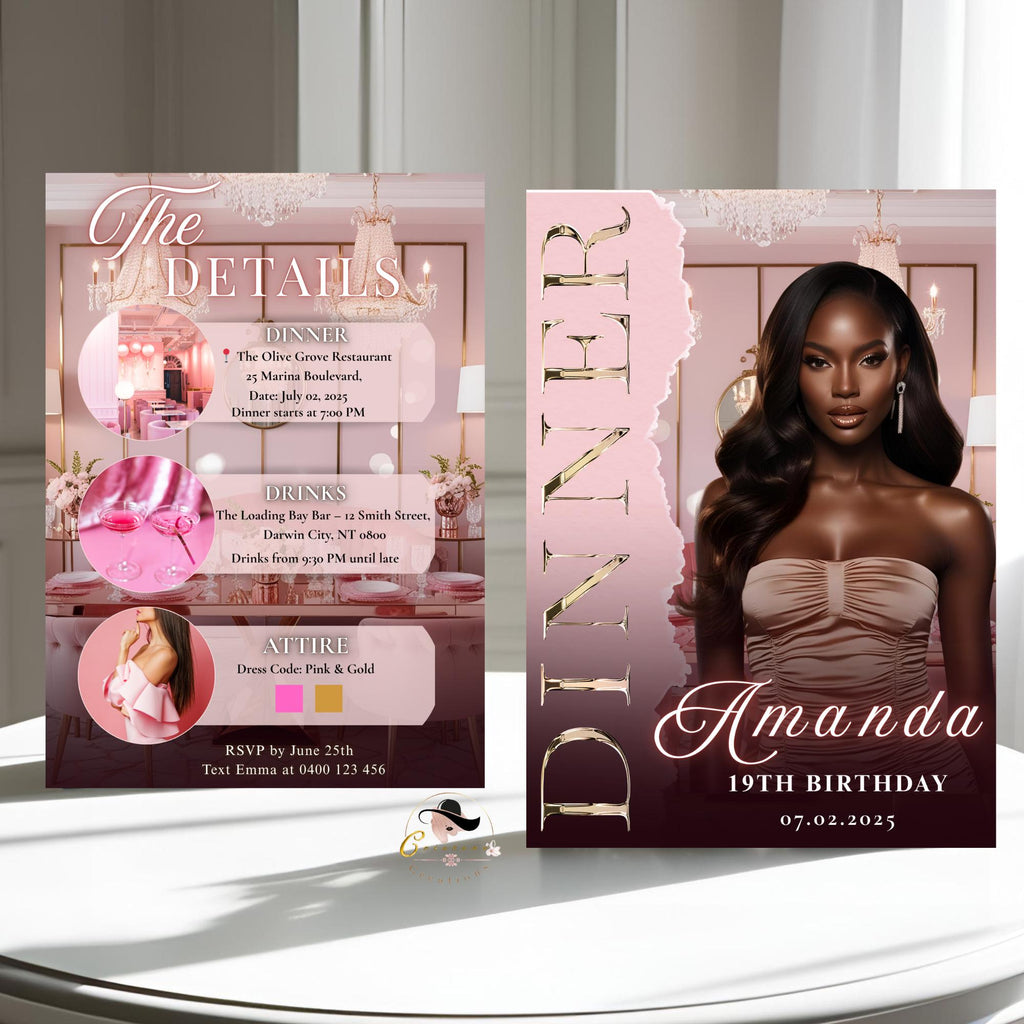 Pink Birthday Dinner Invitation, Digital 19th Birthday Dinner Invite for women, Elegant Adult Dinner Party reservation, Printable template
