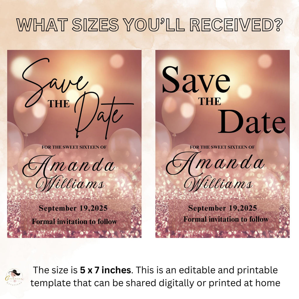 Digital Save the date Birthday Party Invitation Rose Gold Pink Save the date cards, Elegant sweet 16 save the date Invite Printable template